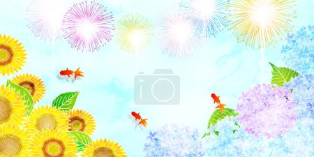 Photo for Sunflowers hydrangea goldfish watercolor background - Royalty Free Image