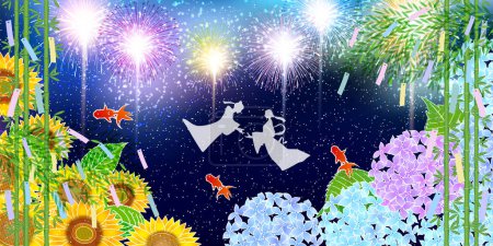 Illustration for Tanabata Fireworks Summer Sunflower Background - Royalty Free Image