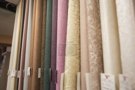 Photo for Colorful curtain samples. Fabrics in the curtain store. - Royalty Free Image