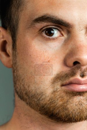 Photo for Face of bearded caucasian man lookin to camera. Half of face - Royalty Free Image