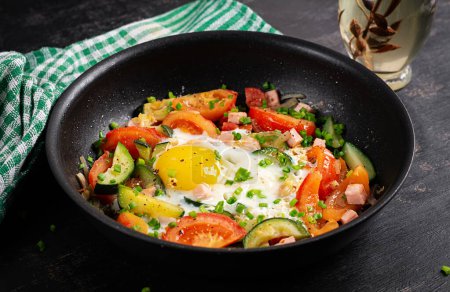 Photo for Ketogenic diet. Fried egg, ham and vegetables.  Keto breakfast. Brunch. - Royalty Free Image