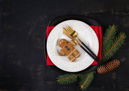 Photo for Christmas table setting for celebration design. Holiday celebration.  Kitchen dining table. Winter holiday season. Food decor. Top view, flat lay - Royalty Free Image