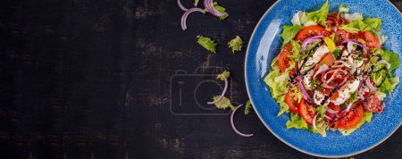 Téléchargez les photos : Salade avec prosciutto, mozzarella, tomates et oignon rouge. Une saine alimentation. Keto, régime cétogène. Vue du dessus, bannière - en image libre de droit