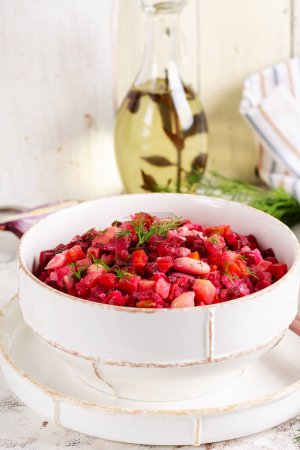 Photo for Beet Salad - Vinaigrette in a bowl. Dietary menu. Beet Salad. Salad of beetroot. Vegan food. Traditional ukrainian cuisine. - Royalty Free Image