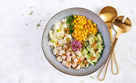 Photo for Chinese cabbage salad with chicken meat, corn, cucumber and dressing mustard. Asian food. Top view - Royalty Free Image