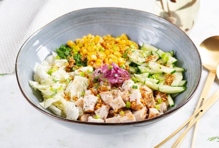 Photo for Chinese cabbage salad with chicken meat, corn, cucumber and dressing mustard. Asian food. - Royalty Free Image