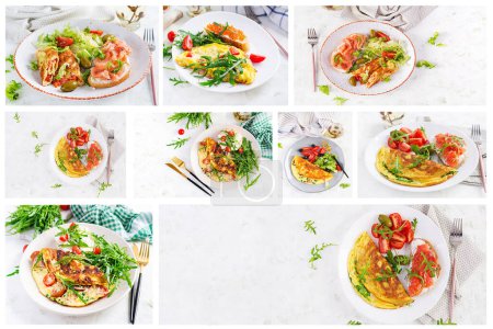 Téléchargez les photos : Petit déjeuner Keto. Omelette aux légumes sur table lumineuse. Frittata italienne. Keto, déjeuner cétogène. Vue de dessus, vue aérienne, collage - en image libre de droit