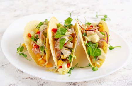 Téléchargez les photos : Tacos mexicains avec viande de poulet, maïs et salsa. Des tacos sains. Menu diététique. taco mexicain. - en image libre de droit