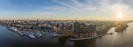 Aerial panorama of Hamburg with Elbphilharmonie in the foreground, Germany
