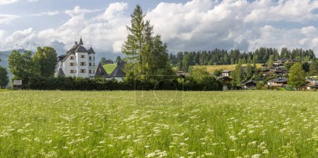 Téléchargez les photos : Champs d'alpage verts et château de Muenichau avec massif montagneux Wilder Kaiser en arrière-plan, Autriche - en image libre de droit