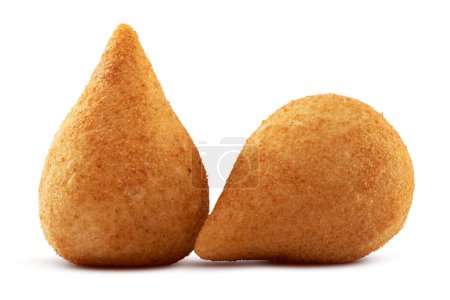 Foto de Coxinha, traditional Brazilian snack, stuffed with chicken and fried. Isolated on white background for creating digital arts. Chicken drumstick. - Imagen libre de derechos