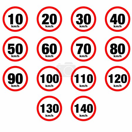 Illustration for Collection of maximum speed limit signals 10, 20, 30, 40, 50, 60, 70, 80, 90, 100, 110, 120, 130, 140 km / h. Road signs icons isolated on white background. - Royalty Free Image