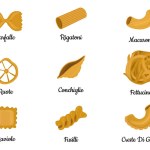 Big set with the different types of Italian pasta vector illustration isolated on white background. Spaghetti, Farfalle, penne, rigatoni, ravioli, fusilli,conchiglie, elbows, fettucine illustration