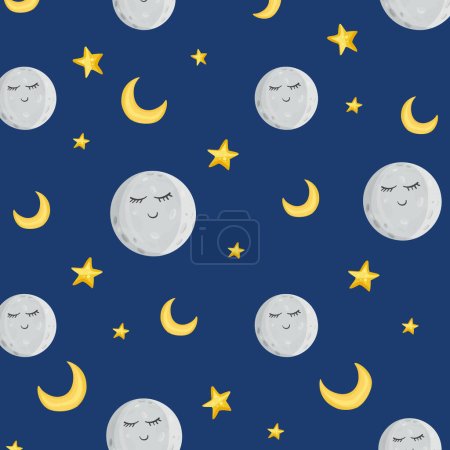 Illustration for Pattern cute moons and stars on the blue sky. In cartoon style. Vector illustration - Royalty Free Image