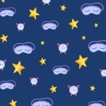 Pattern cute sleep mask, clock, and stars in the cartoon style on blue background. Vector illustration