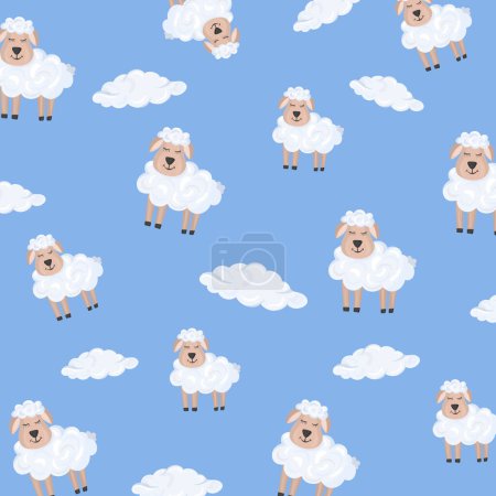 Illustration for Pattern with cute sheeps and clouds on a blue background. In the cartoon style. Vector illustration - Royalty Free Image