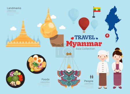 Travel Myanmar flat icons set. burmese element icon map and landmarks symbols and objects collection. Vector Illustration