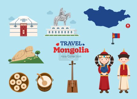 Illustration for Travel Mongol flat icons set. Mongolia element icon map and landmarks symbols and objects collection. Vector Illustration - Royalty Free Image