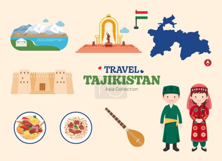 Téléchargez les illustrations : Ensemble d'icônes plates Travel Tadjikistan. Élément tadjik icône carte et monuments symboles et objets collection. Illustration vectorielle - en licence libre de droit