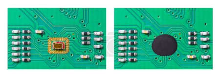 Photo for Closeup of two integrated circuits in green PCB on a white background. Microchip dies attached on electronic printed circuit by wire bonding or by chip on board (COB) assembly in black epoxy resin drop. - Royalty Free Image