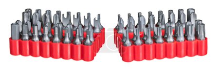 Photo for Two toolkits of various types screwing bits in red plastic boxes isolated on a white background. Tool kits of replaceable star, security torx or hex steel screwdrivers and spanners with hexagonal shank. - Royalty Free Image