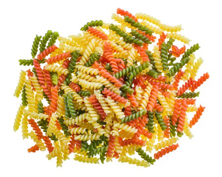 Photo for Closeup a pile of colored fusilli type pasta isolated on a white background. Top view a heap of yellow, red or green screw shaped rotini with saccharide, starch and gluten content. Italy food cooking. - Royalty Free Image