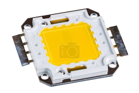 Closeup of electronic LED chip on board isolated on a white background. Light source for high power electric luminaire of diodes array below yellow silicone layer on metal with holes to screw on cooler.