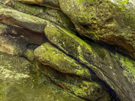 Téléchargez les photos : Vieilles pierres mousseuses vertes dans la forêt. Fond photo - en image libre de droit