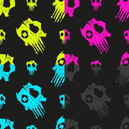 Illustration for Cursed skull seamless pattern 4 variations, vivid colors. Suitable for fashion industry, branding, halloween background. Vector EPS10 - Royalty Free Image
