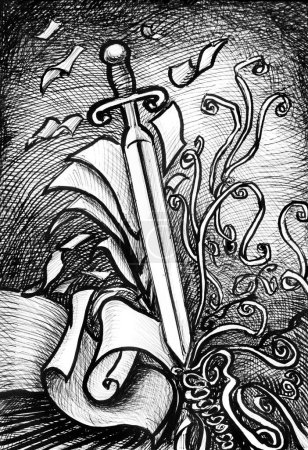 Foto de Dibujo de tinta ilustración de una espada partiendo papel - Imagen libre de derechos