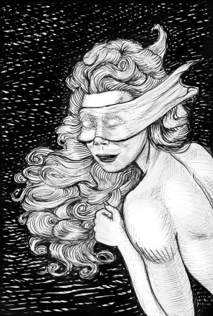 Foto de Dibujo de tinta ilustración de mujer con los ojos vendados - Imagen libre de derechos