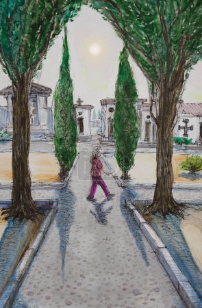 Watercolor Illustration, person walking in a Cemetery