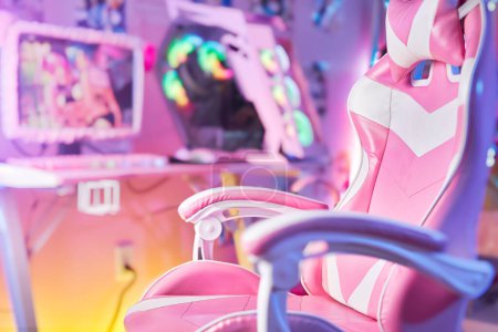 pink themed kawaii gaming room with chair and computer