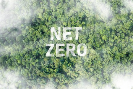 Téléchargez les photos : Net Zero 2050 Carbon Neutral, nuage de brume dans le vert Net Zero figure. - en image libre de droit