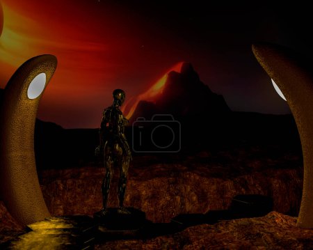 Photo for Robot walking on an alien planet. Future technology concept, artificial intelligence. 3D rendering. - Royalty Free Image