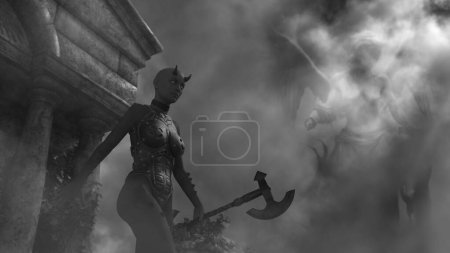 Téléchargez les photos : Female demon in an old spooky mausoleum in the moonlight with an angel in the background - 3d rendering - en image libre de droit