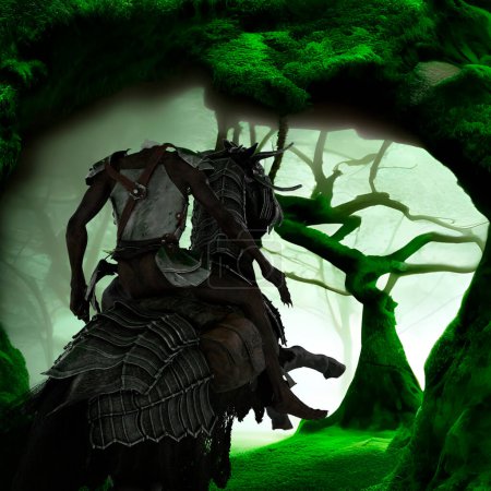 Foto de Headless horseman riding a black horse in the mystic forest - 3d rendering - Imagen libre de derechos