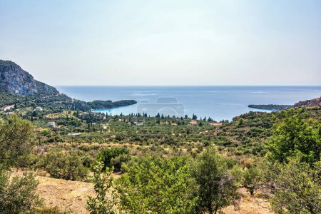 Photo for Panoramic view of Kardamyli town, a coastal town built by the Venetians featuring a mix of traditional Greek and Venetian design located in Messinia, Greece. - Royalty Free Image
