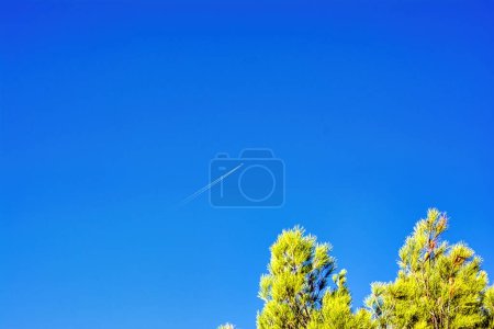 Airplane contrail in blue sky over Penteli mountain with trees. Attica, Greece.