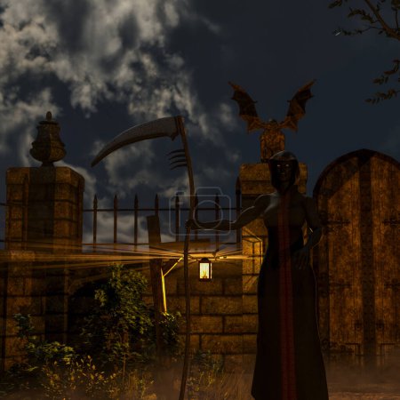Dämon des Todes auf einem gruseligen Friedhof in der Nacht - 3D-Darstellung