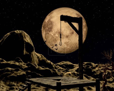 Profundo en una noche espeluznante con una luna llena de oro y cuervos - representación 3d
