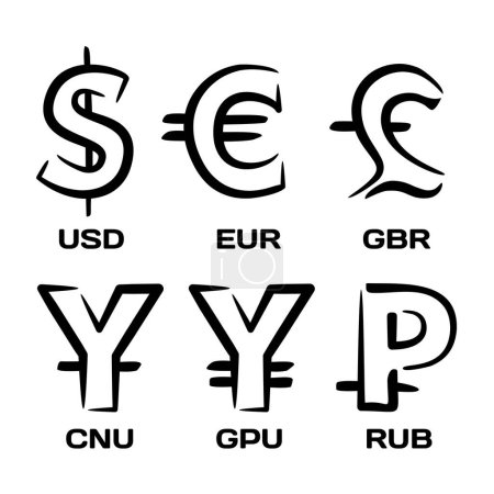 Téléchargez les illustrations : De la monnaie. Ensemble de symboles en noir et blanc - en licence libre de droit