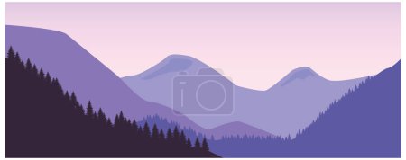 Ilustración vectorial de una hermosa vista panorámica. Montañas en niebla con bosque. Paisaje natural vectorial con siluetas de montañas y frentes