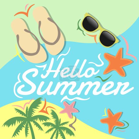 Photo for Hello summer background design. Summer beach concept infographic, Vector illustrator with flowers, palm leaves and summer beach accessories - Royalty Free Image