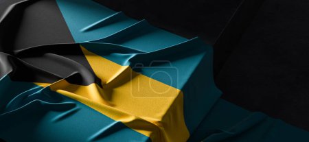 Foto de Bandera de Bahamas. Tela texturizada Bandera de Bahamas aislada sobre fondo oscuro. Ilustración 3D - Imagen libre de derechos