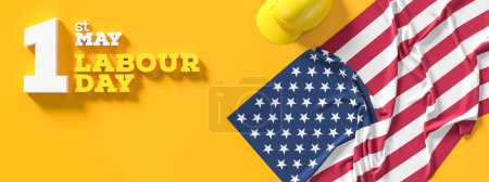 Labour day background design with American flag isolated on yellow background. 1st May Labour day background. 3D illustration