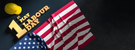 Téléchargez les photos : Conception de fond de la fête du travail avec drapeau américain isolé sur fond sombre. 1er mai Fête du travail. Illustration 3D - en image libre de droit