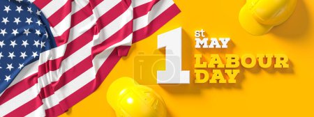Hintergrunddesign zum Tag der Arbeit mit amerikanischer Flagge auf gelbem Hintergrund. Hintergrund des 1. Mai zum Tag der Arbeit. 3D-Illustration
