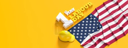 Hintergrunddesign zum Tag der Arbeit mit amerikanischer Flagge auf gelbem Hintergrund. Hintergrund des 1. Mai zum Tag der Arbeit. 3D-Illustration