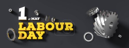 Labour day background design with metal gears isolated on dark background. 1st May Labour day background. 3D illustration